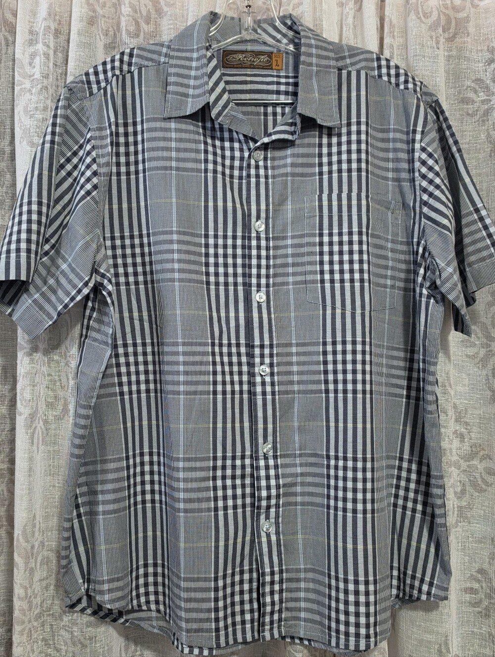 Retrofit Mens L Gray Black Patchwork Plaid Button Up Shirt Grunge